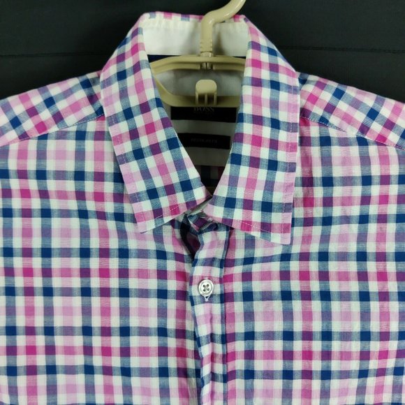Hugo Boss Pink Plaid Short Sleeve Button Front Shirt Mens Small - Picture 3 of 5